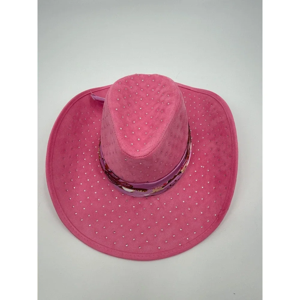 Pink Rhinestone Faux Suede Cowboy Hat Western Festival Paisley Band Crystal Brim